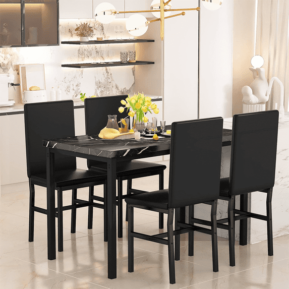 LinkRomat Dining Table Set for 4, Faux Marble Kitchen Table Set with 4 Leather Upholstered Chairs, 5 Piece Modern Dinette for Dining Room