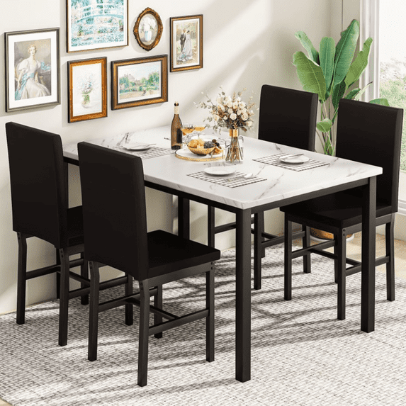 LinkRomat Dining Table Set for 4, Faux Marble Kitchen Table Set with 4 Leather Upholstered Chairs, 5 Piece Modern Dinette for Dining Room