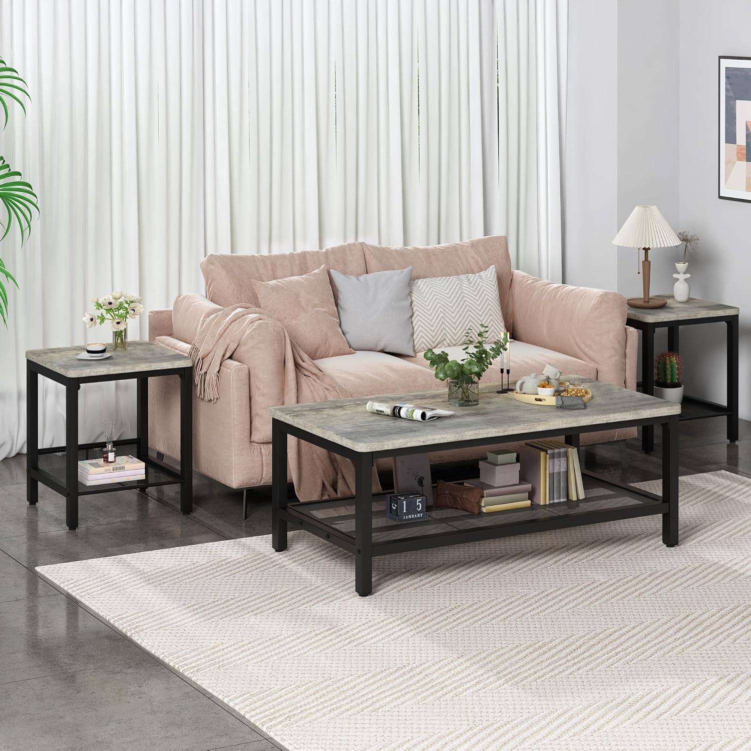 LinkRomat Living Room Coffee Table Set of 3, Modern Industrial Table Set with 1 Coffee Table and 2 End Tables, Square Wood and Metal Frame, Gray