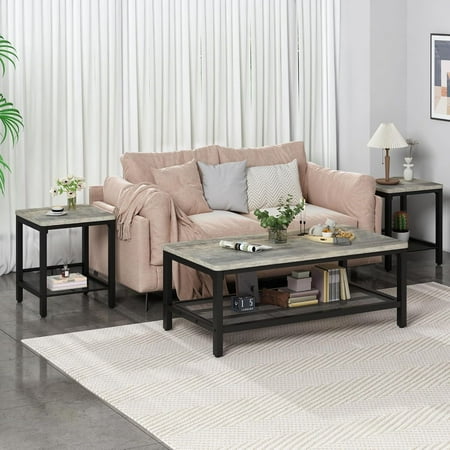 LinkRomat Living Room Coffee Table Set of 3, Modern Industrial Table Set with 1 Coffee Table and 2 End Tables, Square Wood and Metal Frame, Gray