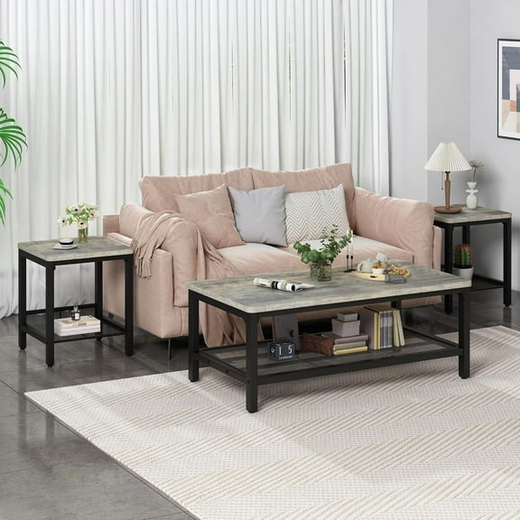 LinkRomat Living Room Coffee Table Set of 3, Modern Industrial Table Set with 1 Coffee Table and 2 End Tables, Square Wood and Metal Frame, Gray