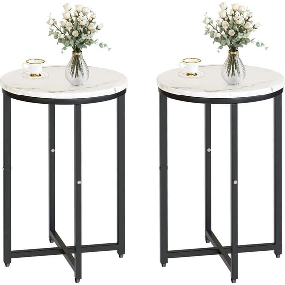 LinkRomat Marble Side Table Set of 2, Small Round End Table with Metal Frame, Bedside Corner Table for Living Room & Bedroom, Black