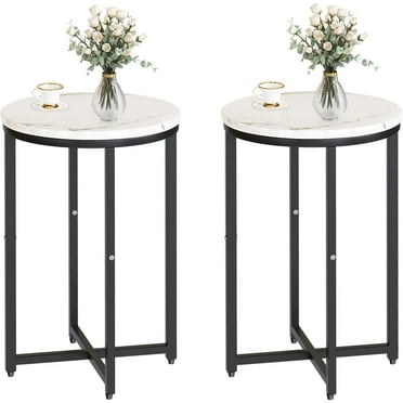 LinkRomat Marble Side Table Set of 2, Small Round End Table with Metal Frame, Bedside Corner Table for Living Room & Bedroom, Black