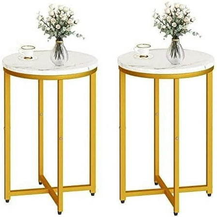 LinkRomat Marble Side Table Set of 2, Small Round End Table with Metal Frame, Bedside Corner Table for Living Room & Bedroom, Gold
