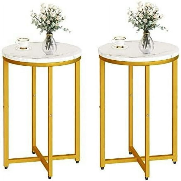 LinkRomat Marble Side Table Set of 2, Small Round End Table with Metal Frame, Bedside Corner Table for Living Room & Bedroom, Gold