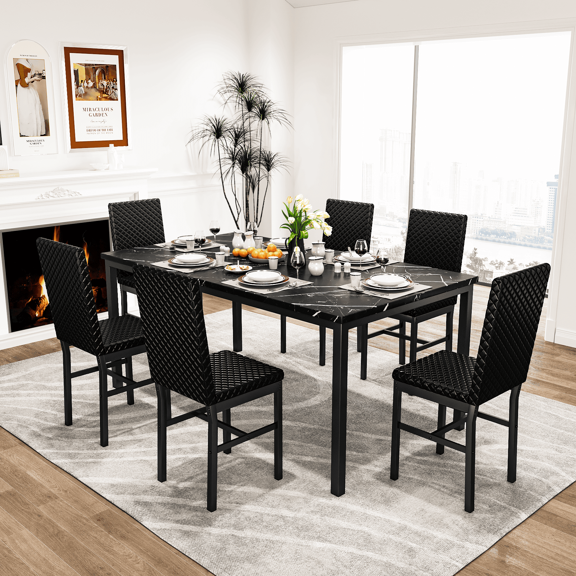 LinkRomat 7-Piece Modern Dining Table Set for 6, Faux Marble Table with PU Leather Chairs, Black