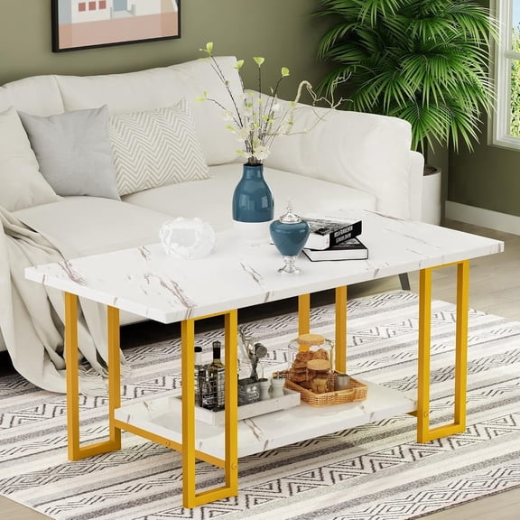 LinkRomat Modern Coffee Table, 40" Faux Marble Top Rectangular Coffee Table with Gold Metal Frame, 2 Tier Living Room Table for Living Room, Office, Balcony, White and Gold