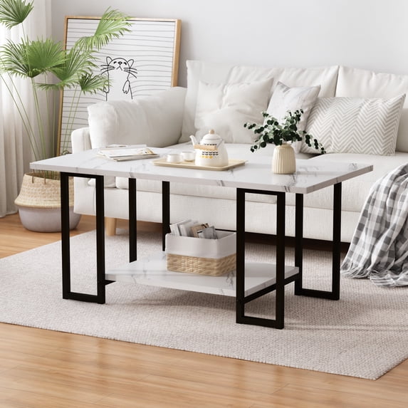 LinkRomat Faux Marble Coffee Table with Storage Shelves, Modern Rectangular Coffee Table and Metal Frame, 2 Tier White Coffee Tables for Living Room