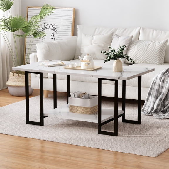 LinkRomat Faux Marble Coffee Table with Storage Shelves, Modern Rectangular Coffee Table and Metal Frame, 2 Tier White Coffee Tables for Living Room