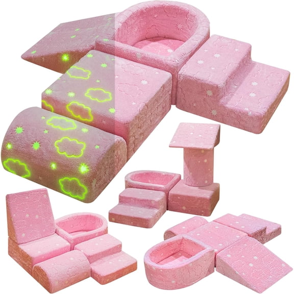 LinkRomat Modular Couch, 5-in-1 Glow in Dark Sofa, Multi-Combination Climbing Blocks, Hands-on Skills Creative Play（Pink Clouds）