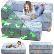 LinkRomat Modular Kids Play Couch, Glow in The Dark Toddler Sofa Bed, 3-in-1 Convertible Furniture for Playrooms, Bedrooms, No Assembly Needed, Blue
