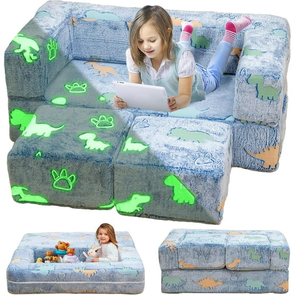 LinkRomat Modular Kids Play Couch, Glow in The Dark Toddler Sofa Bed, 3-in-1 Convertible Furniture for Playrooms, Bedrooms, No Assembly Needed, Blue