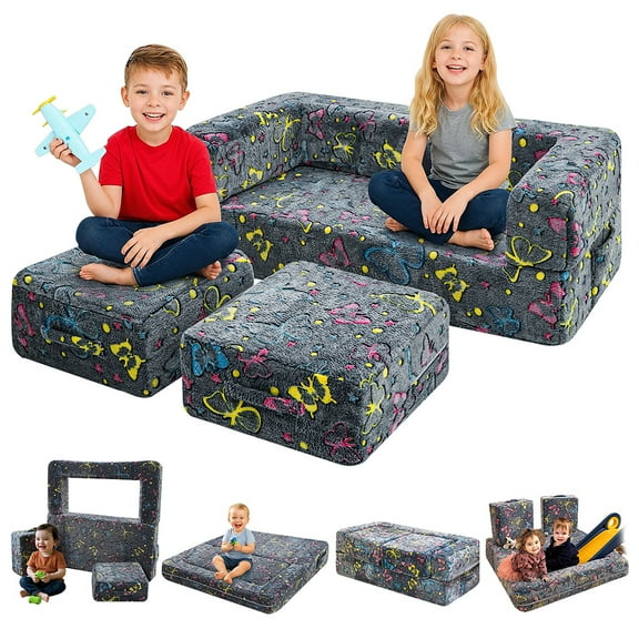 LinkRomat Modular Kids Play Couch, Toddler & Child Sectional Sofa, Glow in Dark, 3-in-1 Convertible Play Couch with High-Density Foam for Boys Girls