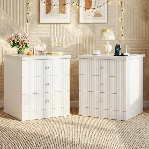 LinkRomat Nightstand Set of 2,Modern Night Stand with Charging Station and 3 Drawers,Storage End Table for Bedroom,White