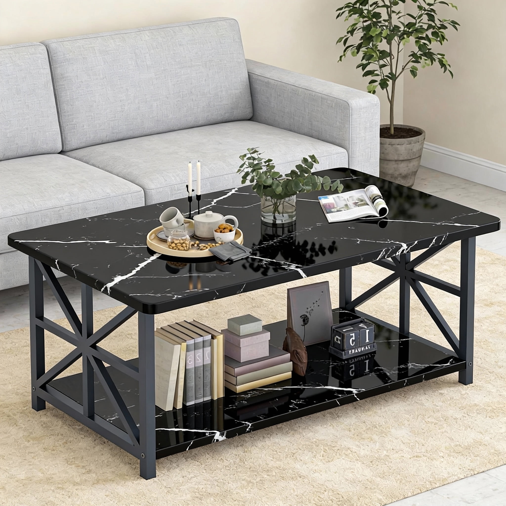 LinkRomat Rectangular Coffee Table with Storage Shelf, 2-Tier Center Table with Rounded Corners for Living Room, Small Spaces, Easy Assembly, Black
