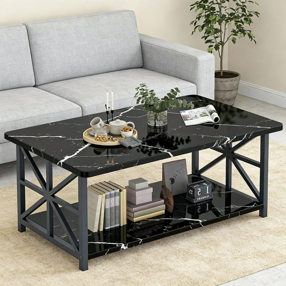 LinkRomat Rectangular Coffee Table with Storage Shelf, 2-Tier Center Table with Rounded Corners for Living Room, Small Spaces, Easy Assembly, Black