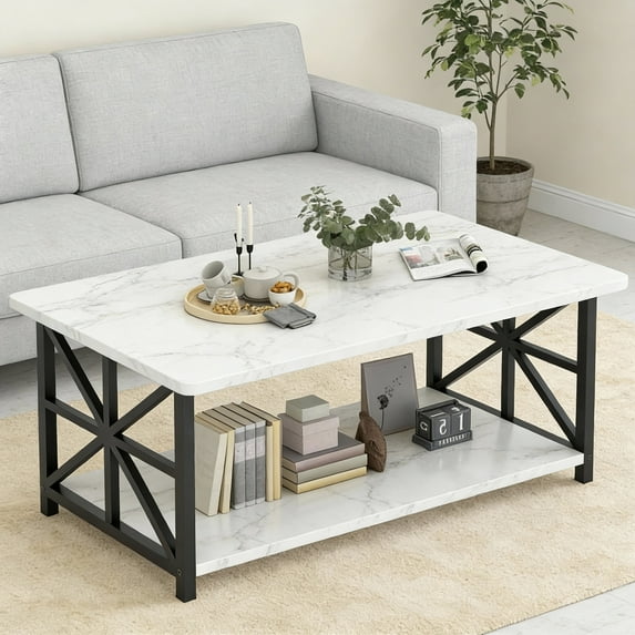 LinkRomat Rectangular Coffee Table with Storage Shelf, 2-Tier Center Table with Rounded Corners for Living Room, Small Spaces, Easy Assembly, White
