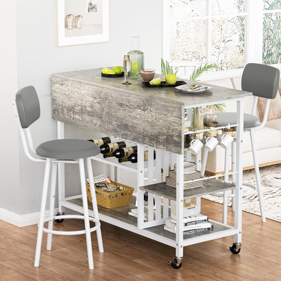 LinkRomat Rolling Kitchen Island Cart with Folding Drop Leaf Breakfast Bar, Portable Trolley Island with Large Storage Cabinet, Shelf and Drawer (Grey)