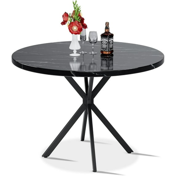 LinkRomat Round Dining Table, 39" Wood Mid-Century Dining Table with 1.18" Thick Top & Black Metal Legs for 4–5 People, Black