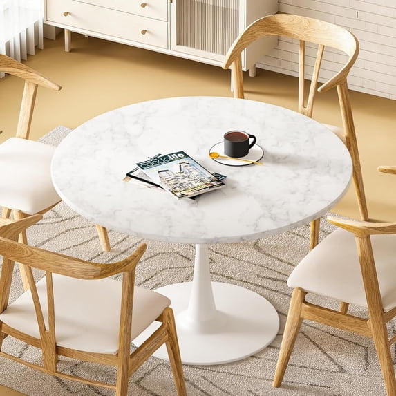 LinkRomat 39.1" Round Dining Table For 4-5 People, Faux Marble Round Tulip Table with MDF Tabletop, Modern Kitchen Dining Table Suitable for Dining, Cafe, Office, White Marble