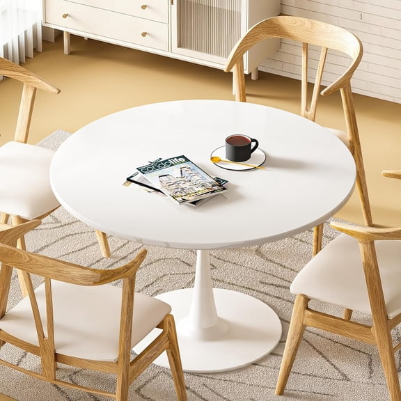 LinkRomat 39.1" Round Coffee Table For 4-5 People, Faux Marble Round Tulip Table with MDF Tabletop, Modern Kitchen Dining Table Suitable for Dining, Cafe, Office, White