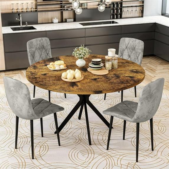 LinkRomat Round Kitchen Table and Chairs Set, 5-Piece Dining Room Table Set with Faux Marble Top & 4 Luxury Diamond Tufted Chairs, Used in Kitchens and Dining (Brown+Gray)