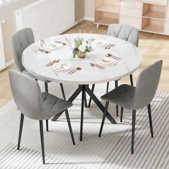 LinkRomat Round Kitchen Table and Chairs Set, 5-Piece Dining Room Table Set with Faux Marble Top & 4 Luxury Diamond Tufted Chairs, Used in Kitchens and Dining (White+Gray)