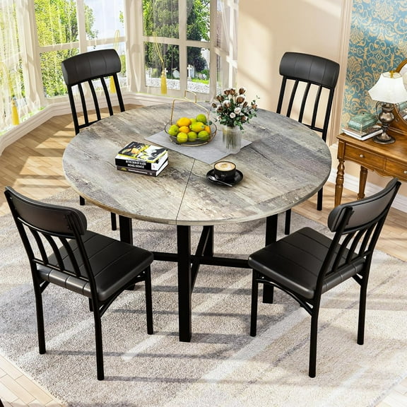 LinkRomat Round Dining Table Set for 4, Modern Dining Room Sets with 4 Faux Leather Chairs, Kitchen Dinner Wooden Table & Chair Set for Small Space, Grey
