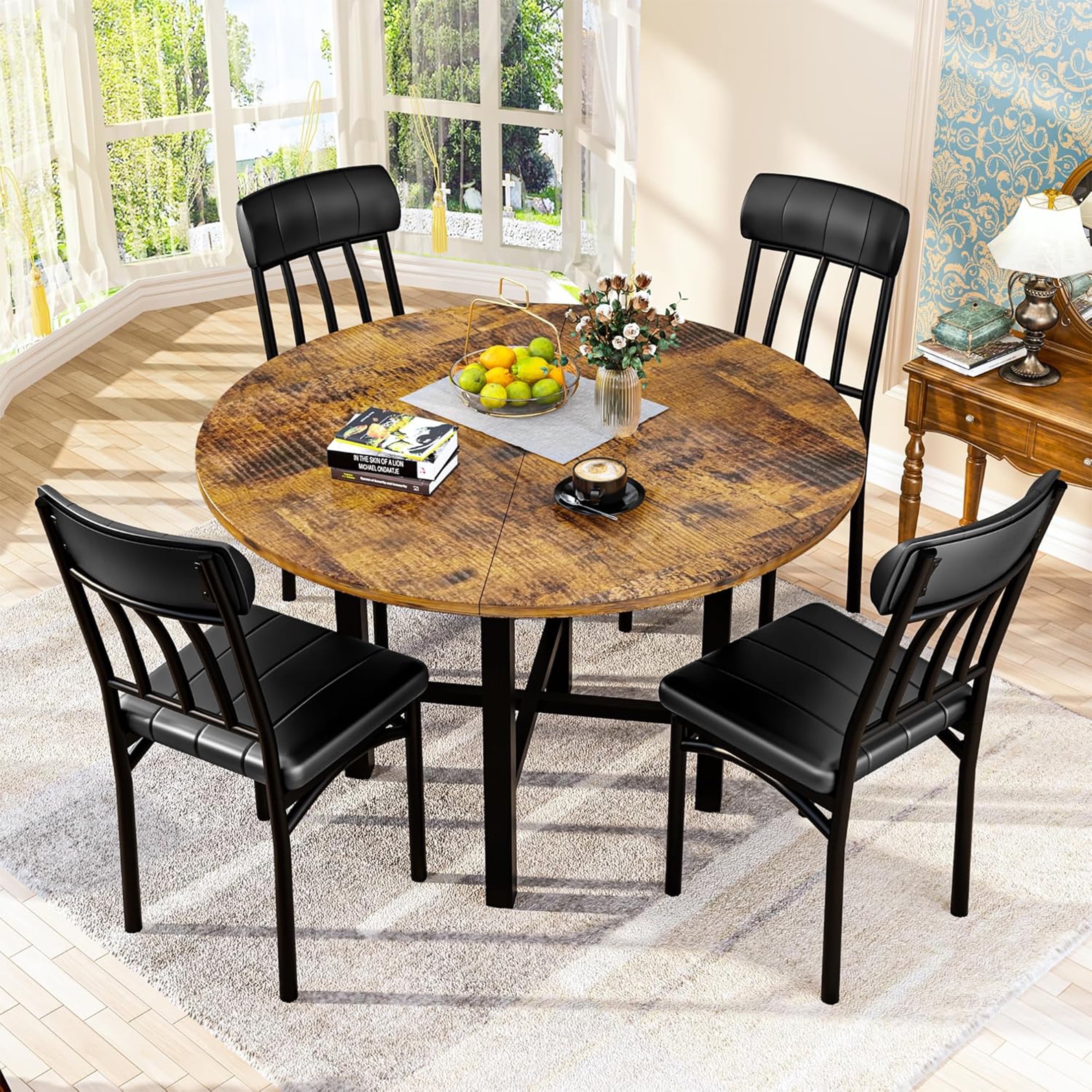 LinkRomat Round Dining Table Set for 4, Modern Dining Room Sets with 4 Faux Leather Chairs, Kitchen Dinner Wooden Table & Chair Set for Small Space, Walnut