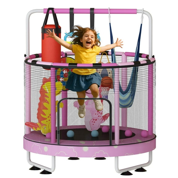 LinkRomat Round Trampoline for Kids, Indoor & Outdoor Toddler Trampoline with Enclosure, Adjustable Height Handrail & Durable Designs for Boys & Girls, 450lbs Capacity, 7-in-1, 55"