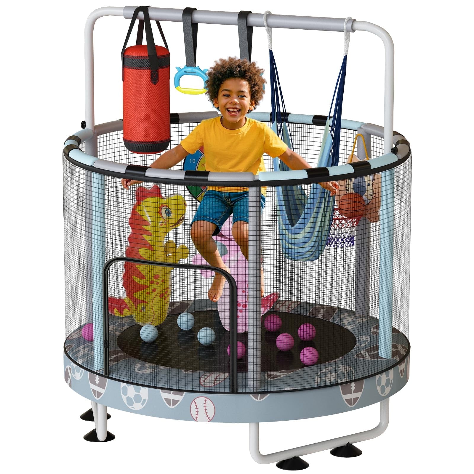 LinkRomat Round Trampoline for Kids, Indoor & Outdoor Toddler Trampoline with Enclosure, Adjustable Height Handrail & Durable Designs for Boys & Girls, 450lbs Capacity, 7-in-1, 55"