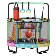 LinkRomat Round Trampoline for Kids, Indoor & Outdoor Toddler Trampoline with Enclosure, Adjustable Height Handrail & Durable Designs for Boys & Girls, 450lbs Capacity, 7-in-1, 55"
