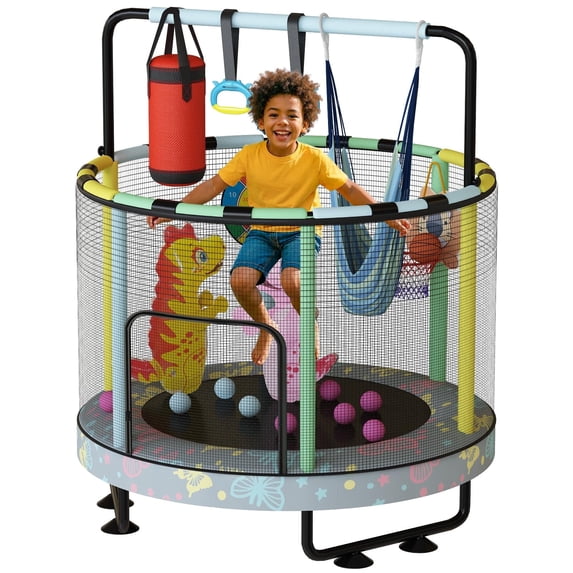 LinkRomat Round Trampoline for Kids, Indoor & Outdoor Toddler Trampoline with Enclosure, Adjustable Height Handrail & Durable Designs for Boys & Girls, 450lbs Capacity, 7-in-1, 55"