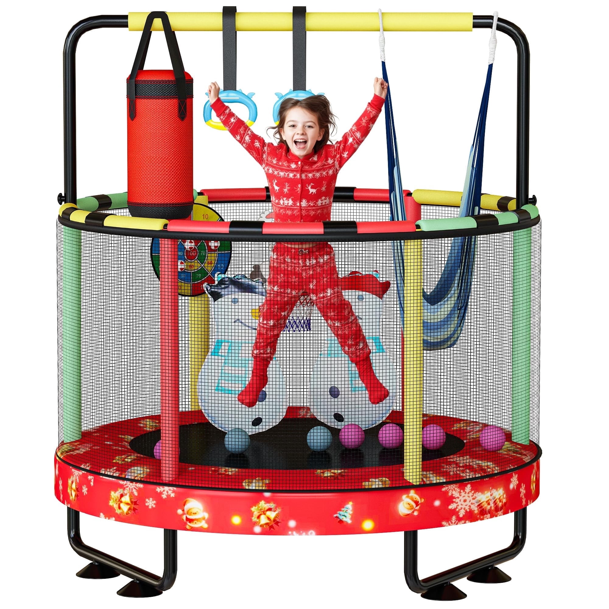 LinkRomat Round Trampoline for Kids, Indoor & Outdoor Toddler Trampoline with Enclosure, Adjustable Height Handrail & Durable Designs for Boys & Girls, 450lbs Capacity, 7-in-1, 55"