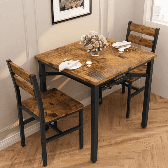 LinkRomat Small Dining Table for 2, Wooden Dinner Table with Storage, 3 Piece Farmhouse Square Dinette Set for Dining Room, Apartment, Small Space