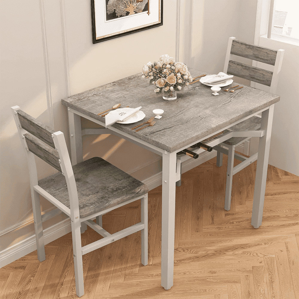 LinkRomat Small Dining Table for 2, Wooden Dinner Table with Storage, 3 Piece Farmhouse Square Dinette Set for Dining Room, Apartment, Small Space