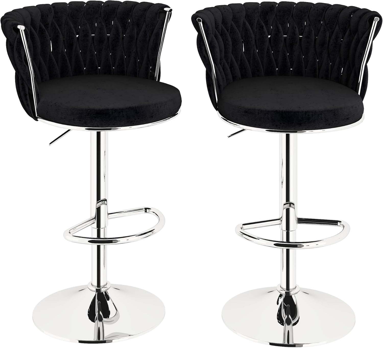 LinkRomat Velvet Bar Stools Set of 2,Swivel Counter Height Bar Stools with Backrest and Footrest,for Kitchen Island Dining Chairs,Black