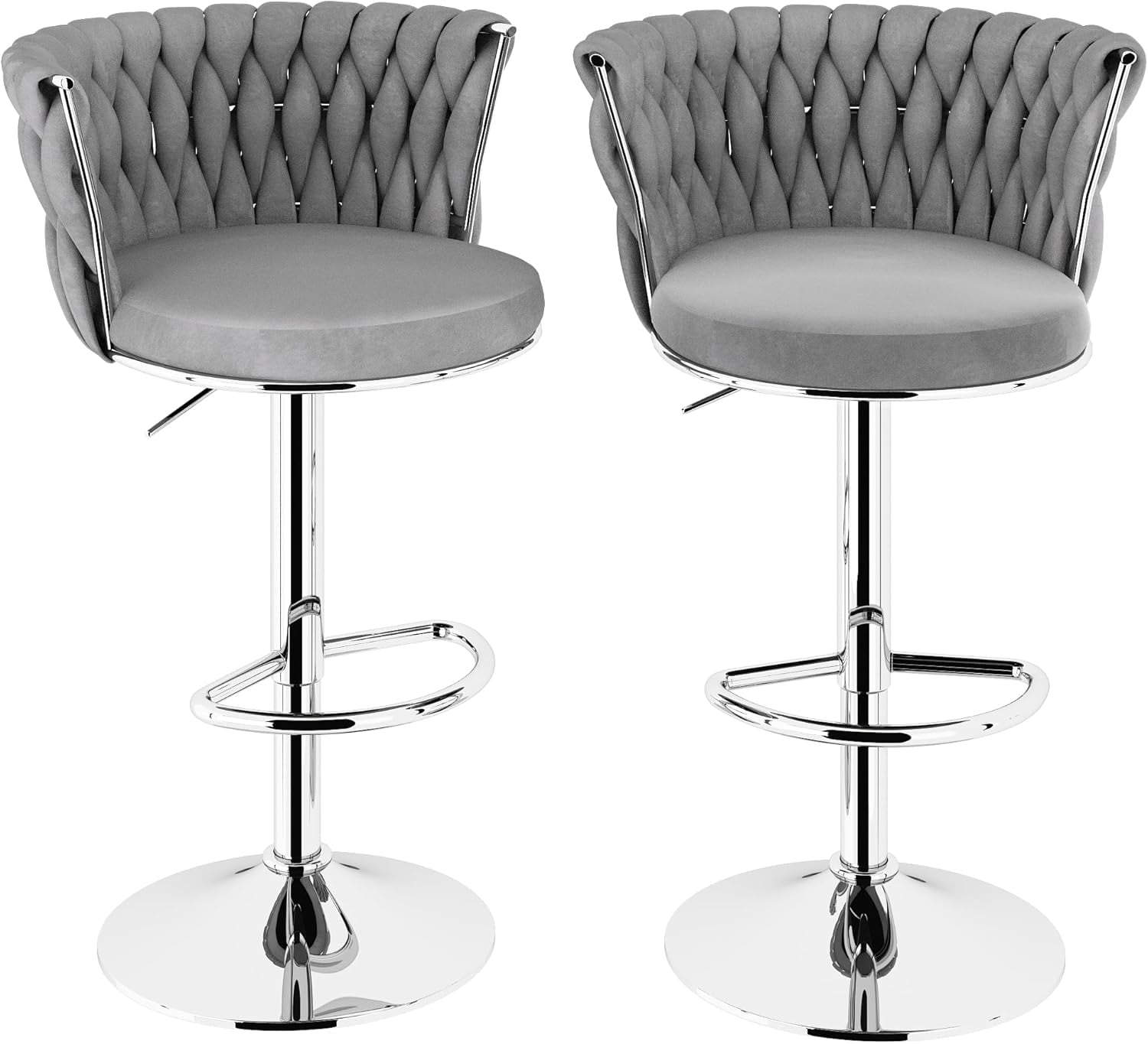 LinkRomat Velvet Bar Stools Set of 2,Swivel Counter Height Bar Stools with Backrest and Footrest,for Kitchen Island Dining Chairs,Gray