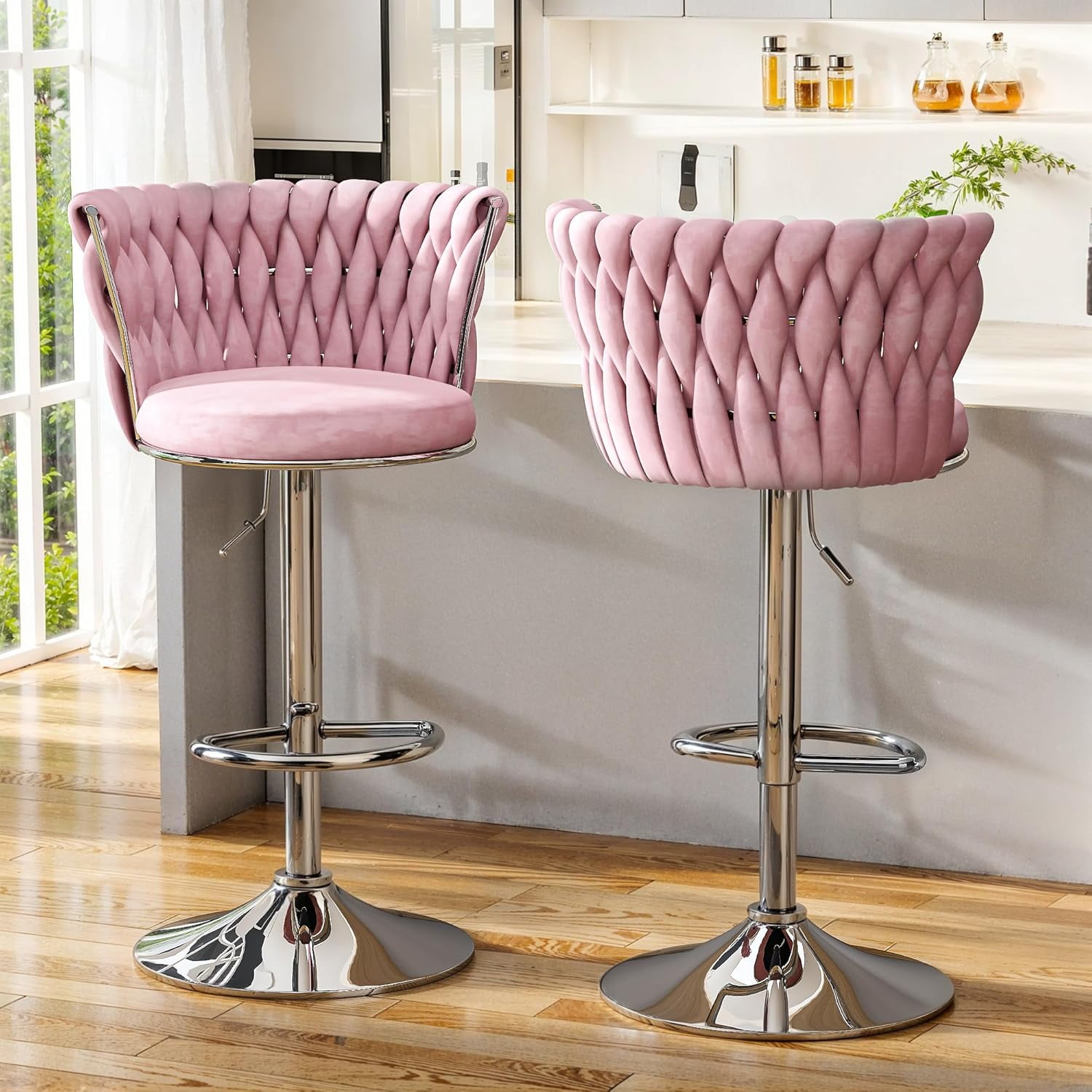 LinkRomat Velvet Bar Stools Set of 2,Swivel Counter Height Bar Stools with Backrest and Footrest,for Kitchen Island Dining Chairs,Pink