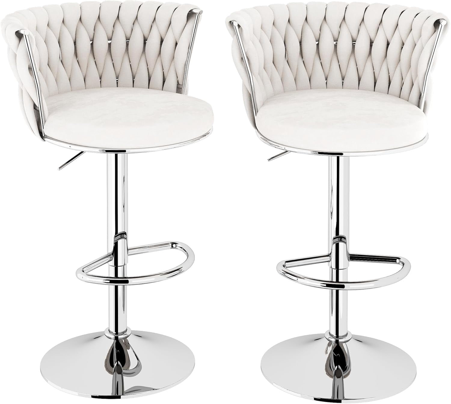 LinkRomat Velvet Bar Stools Set of 2,Swivel Counter Height Bar Stools with Backrest and Footrest,for Kitchen Island Dining Chairs,White