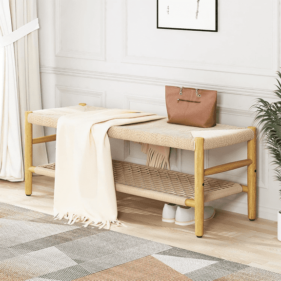 LinkRomat Wicker Bench Indoor Entryway Bench with Paper Cord Ottoman & Grid Storage Rack, Mid-Century Long Chair with Wood Legs for Room Channel