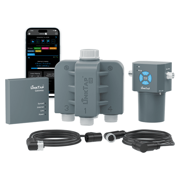 LinkTap Q1 4-Zone Smart Hose Timer Kit, Equals 4 G2S or 2 D1 Water Timers, 4 Built-in Flow Meters, Multiple Power Options, Easy Install & Use, Scalable Mesh Network via Extender, 2-Year Warranty