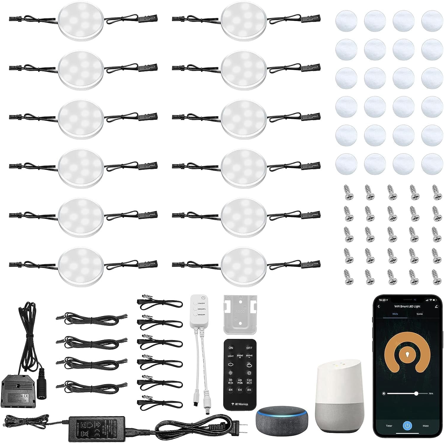 Linkable LED Puck Lights, 12V Dimmable Under Cabinet LED Lighting, Plug in or Hardwired Closet Lights (12 Lights)