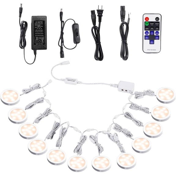 Linkable Under Cabinet LED Lighting Kit, 12V Dimmable Puck Lights with RF Remote, Hardwired or Plug-in, Warm White (12 Lights Kit)