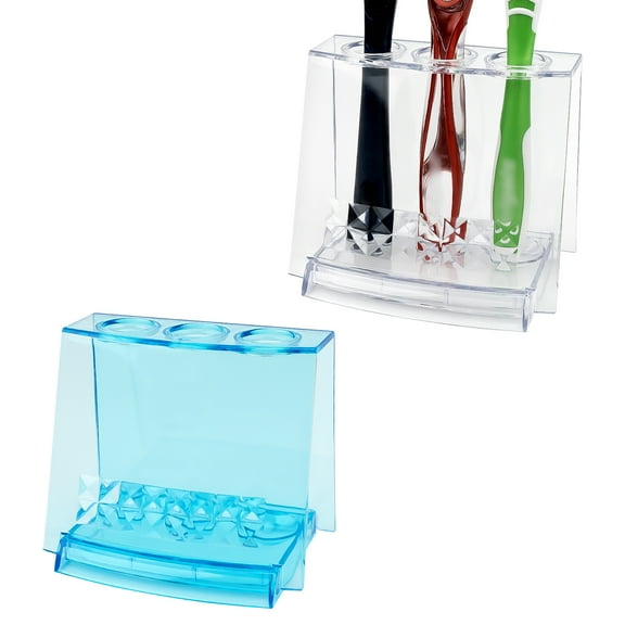 Linkidea 2 Pack Countertop Toothbrush Holder for Bathroom, Shower, Plastic Manual Tooth Brush Stand, 3 Slots Tooth Brush Organizer Compatible with Colgate Renewal, Oral-B CrossAction (White+Blue)