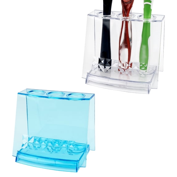 Linkidea 2 Pack Countertop Toothbrush Holder for Bathroom, Shower, Plastic Manual Tooth Brush Stand, 3 Slots Tooth Brush Organizer Compatible with Colgate Renewal, Oral-B CrossAction (White+Blue)
