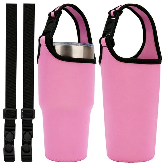 Linkidea 2 Pack Neoprene Tumbler Carrier with Strap Compatible with YETI Rambler Tumbler 30oz, Greens Steel Beast Tumbler 30oz, Waterbottle Sling Bag Holder with Shoulder Strap (Pink)