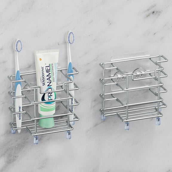 Linkidea 2 Pack Toothbrush Holder Wall Mounted, Stainless Steel Electric Toothbrush Stand Rack for Shower Bathroom, Self Adhesive 3 Slots Toothbrush Toothpaste Razor Countertop Organizer (Silver)