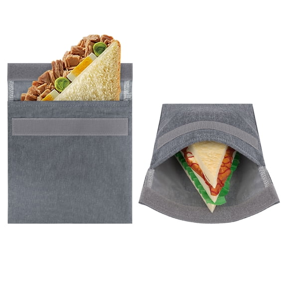 Linkidea 2 Pcs Portable Snack Bag, Washable Eco-friendly BPA Free Reusable Food Holder, 7-inch Hook and Loop Leak-Proof Compact Food Pouch Fits Sandwich, Sugar, Nuts (Grey)