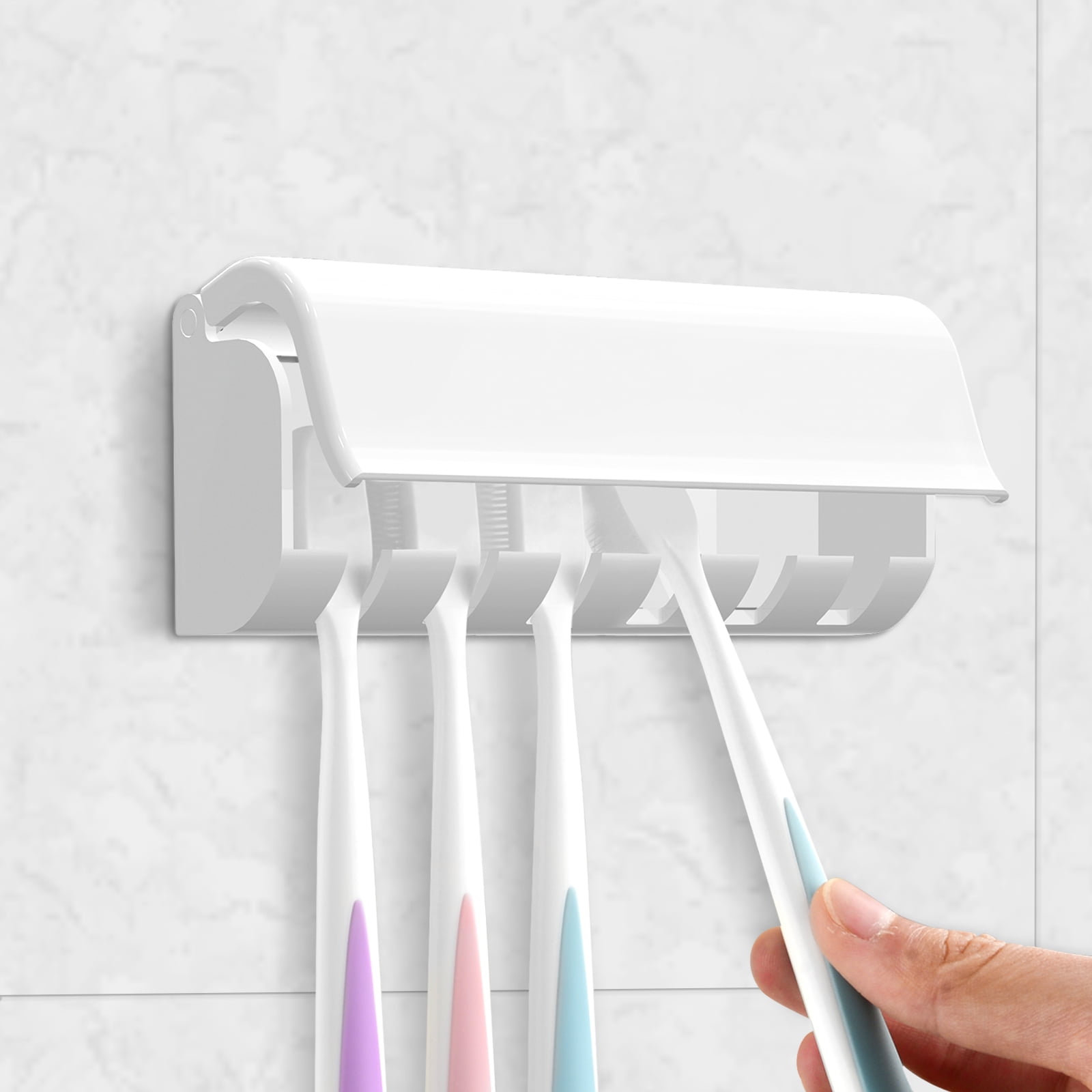 Linkidea 6 Slots Toothbrush Holders Wall Mounted Toothbrush Stand,Toothbrush Hanger with Cover, Self Adhesive Toothbrush Storage